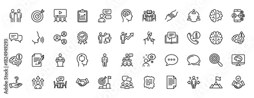 Business line icon set. Vector pictograms of team, growth, communication, success, target, and brainstorming, thin linear illustration.