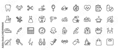 Beauty, health, and fitness outline icon set. vector pictograms of cosmetic products, medical tools, and wellness activities, thin linear illustration.