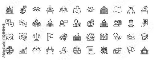 Government and political line icon set. Vector pictograms of elections, diplomacy, citizenship, and global affairs, thin linear illustration.