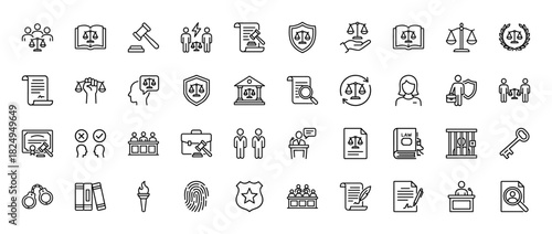 Justice and law line icon set. Vector pictograms of judge's gavel, balance scales, court, handcuffs, and fingerprint, thin linear illustration.