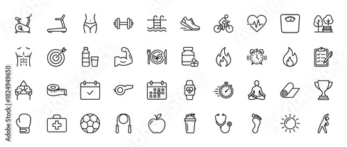 Health and fitness line icon set. Vector pictograms of gym, dumbbell, running, diet, and exercise, thin linear illustration.