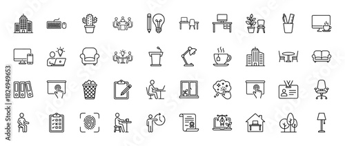 Business and office line icon set. Vector pictograms of buildings, desk, chair, computer, and teamwork, thin linear illustration.