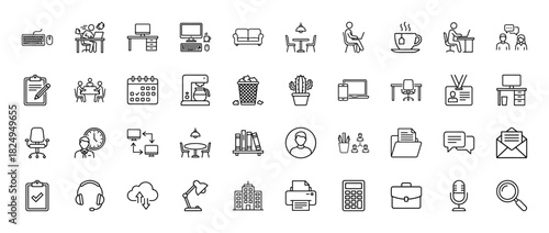 Business and office line icon set. Vector pictograms of computers, desks, meetings, files, and stationery, thin linear illustration.