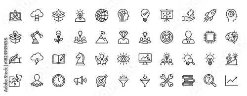 Business and education line icon set. Vector pictograms of idea, teamwork, target, solution, and growth, thin linear illustration.