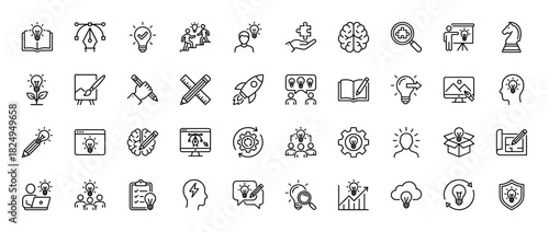 Creative idea generation line icon set. Vector pictograms of light bulbs, brain, chess, pencil, and gear, thin linear illustration.