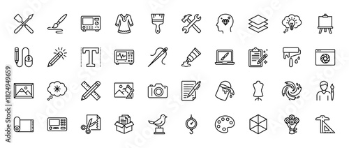 Creative arts and design line icon set. vector pictograms of a palette, camera, paintbrush, sewing needle, and tools, thin linear illustration.