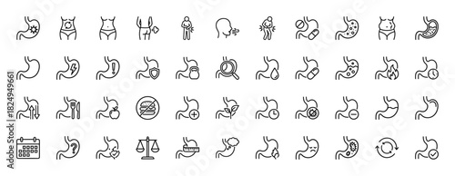 Medical gastroenterology line icon set. vector pictograms of stomach pain, heartburn, acid reflux, diet, and treatment, thin linear illustration.