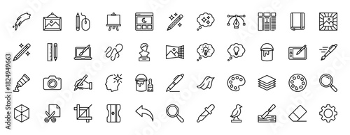 Creative art and graphic design line icon set. vector pictograms of color palette, paint brush, drawing tablet, and canvas, thin linear illustration.