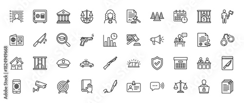 Law and justice line icon set. Vector pictograms of court, lawyer, safe, gun, handcuffs, and gavel, thin linear illustration.