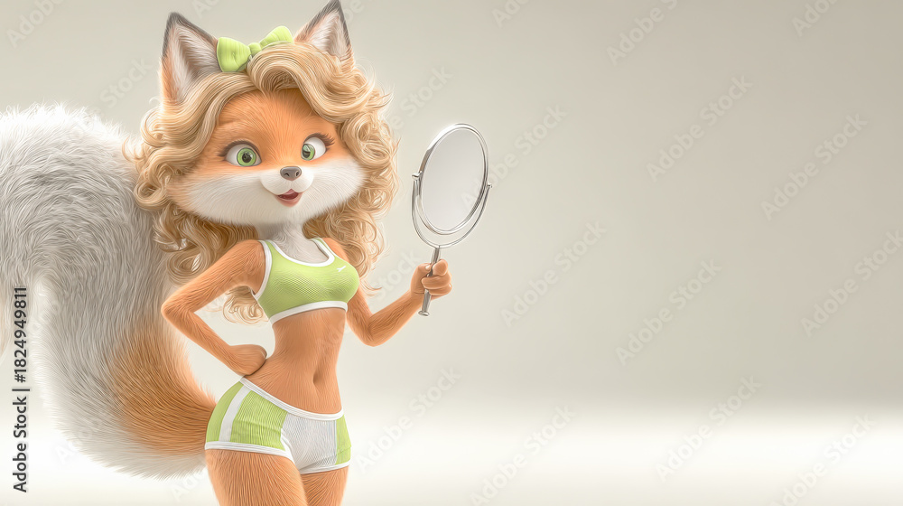 Naklejka premium Stylish cartoon fox character holding a mirror in a playful pose