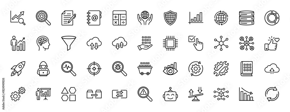 Fototapeta premium Data science and technology line icon set. Vector pictograms of analysis, security, research, and machine learning, thin linear illustration.