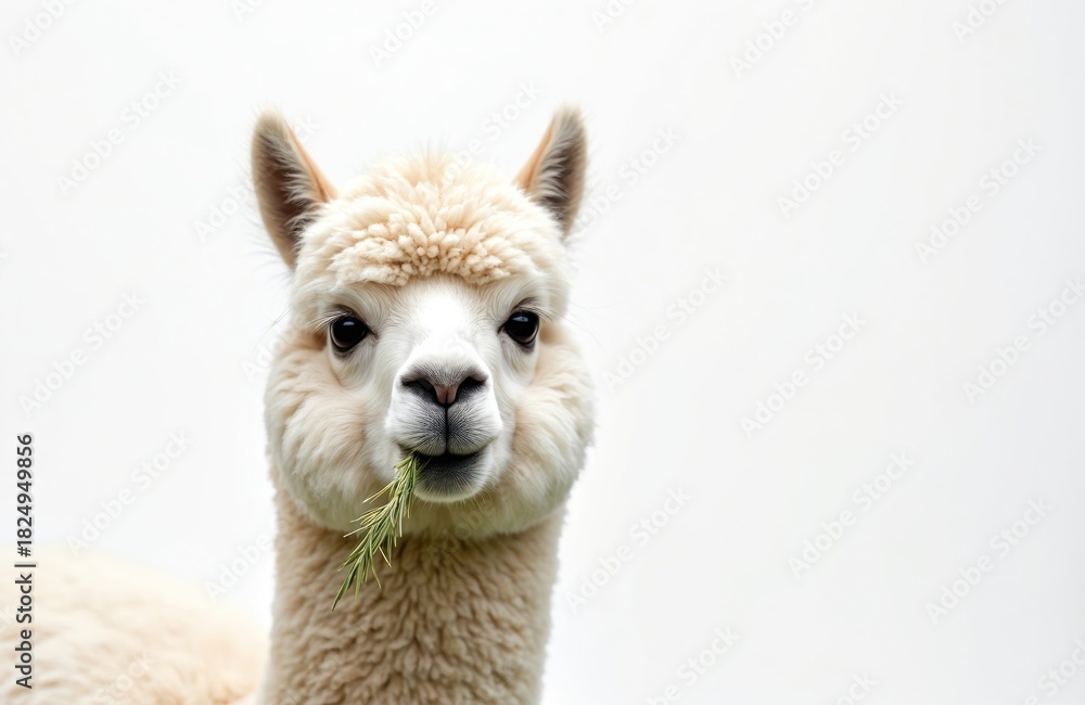 Obraz premium White fluffy alpaca chews green grass. Cute fluffy animal portrait isolated on plain white background. Domesticated South American camelid eats plant. Livestock farming agriculture.