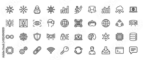Information technology and data security line icon set. Vector pictograms of networking, virtual reality, cloud, and privacy elements, thin linear illustration.