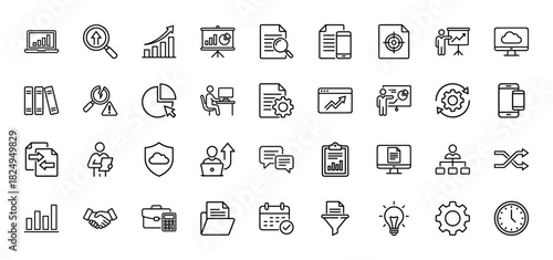 Business and finance line icon set. vector pictograms of strategy, data analysis, planning, and teamwork, thin linear illustration.