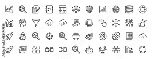Data science and technology line icon set. Vector pictograms of analysis, security, research, and machine learning, thin linear illustration.