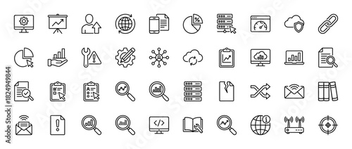 Business and technology line icon set. Vector pictograms of analysis, data server, cloud computing, and settings, thin linear illustration.