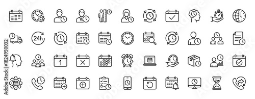 Time management line icon set. Vector pictograms of clock, calendar, stopwatch, hourglass, and delivery, thin linear illustration.
