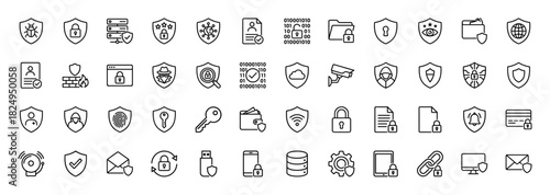 Cyber security line icon set. vector pictograms of padlock, shield, key, fingerprint, and virus protection, thin linear illustration.