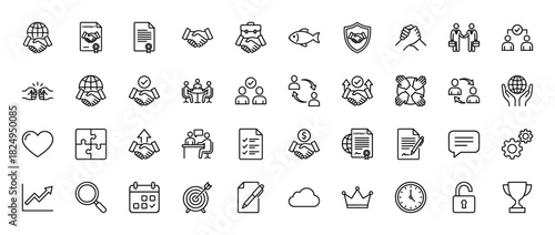 Business and corporate strategy line icon set. Vector pictograms of contract, handshake, deal, teamwork, and analysis, thin linear illustration.