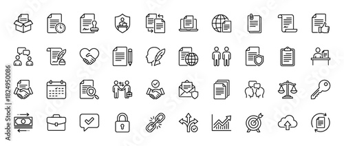 Business and legal documentation line icon set. Vector pictograms of contracts, agreements, partnership, and finance, thin linear illustration.