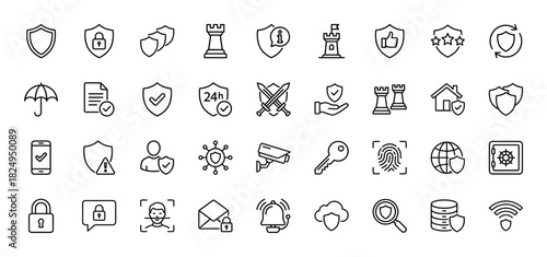 Security and protection line icon set. Vector pictograms of shield, padlock, key, fortress, and safe, thin linear illustration.