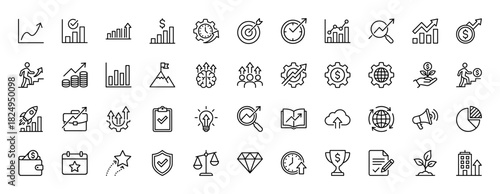 Business line icon set. Vector pictograms of growth, finance, goal, idea, and strategy, thin linear illustration.
