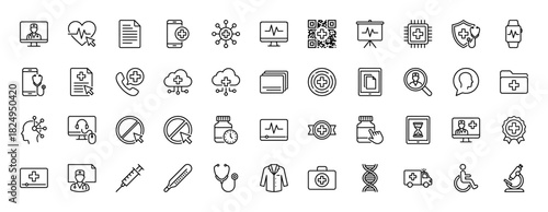 Medical healthcare line icon set. Vector pictograms of telemedicine, diagnostics, dna, and consultation, thin linear illustration.