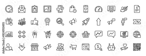 Marketing and e-commerce line icon set. vector pictograms of shopping, sales, growth, business, and strategy, thin linear illustration.