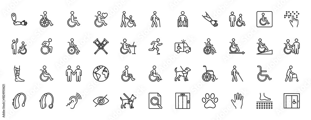 Obraz premium Disability and accessibility line icon set. Vector pictograms of wheelchair, guide dog, crutches, hearing aids, and aids, thin linear illustration.