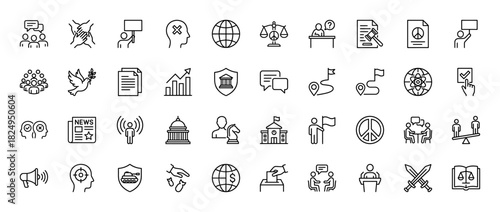 Politics, law, and social justice line icon set. Vector pictograms of voting, diplomacy, balance, peace, and conflict, thin linear illustration.