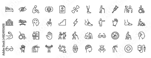 Medical condition and disability line icon set. Vector pictograms of broken bone, wheelchair, crutch, and fractured limbs, thin linear illustration.