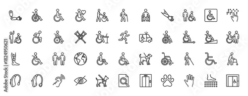 Disability and accessibility line icon set. Vector pictograms of wheelchair, guide dog, crutches, hearing aids, and aids, thin linear illustration.
