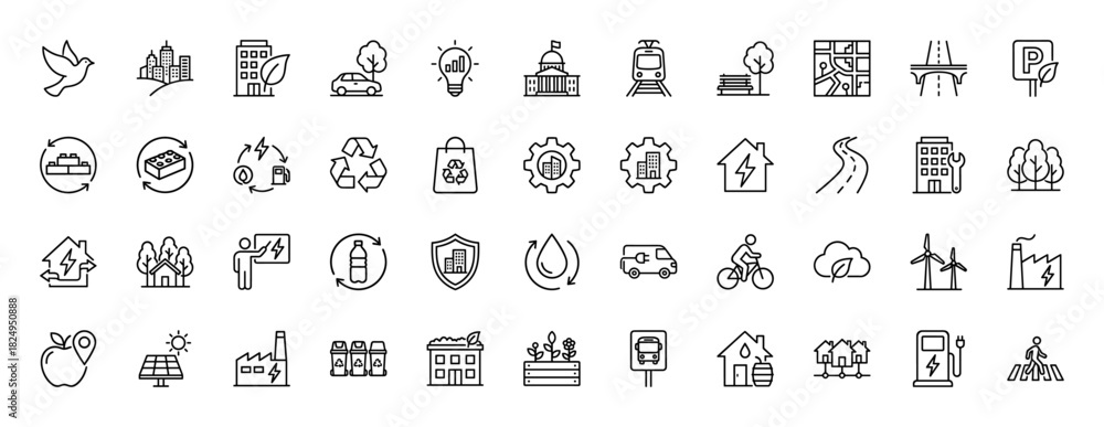 Naklejka premium Smart city and sustainable development line icon set. Vector pictograms of wind energy, recycling, electric vehicles, and green housing, thin linear illustration.