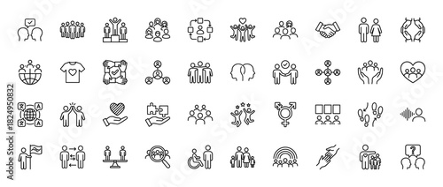 Social relationships and diversity line icon set. Vector pictograms of teamwork, partnership, communication, equality, and inclusion, thin linear illustration.