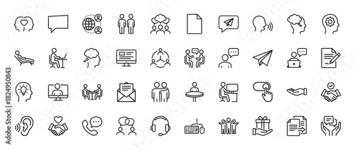 Communication and business line icon set. Vector pictograms of teamwork, partnership, meeting, and conversation, thin linear illustration.