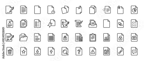 Document management outline icon set. vector pictograms of file transfer, printing, searching, and security, thin linear illustration.