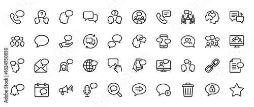 Communication and social networking line icon set. Vector pictograms of chat, call, discussion, message, and feedback, thin linear illustration.
