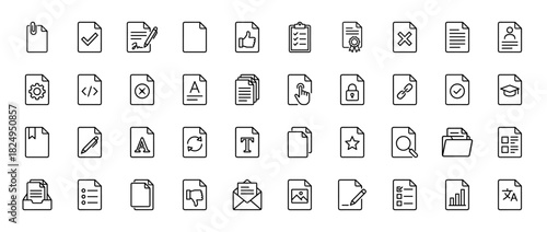 Document and file management line icon set. Vector pictograms of paper, checklist, folder, and contract, thin linear illustration.