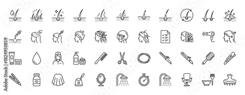Hair care and cosmetology line icon set. Vector pictograms of hair follicle, scissors, comb, dryer, and shampoo, thin linear illustration.