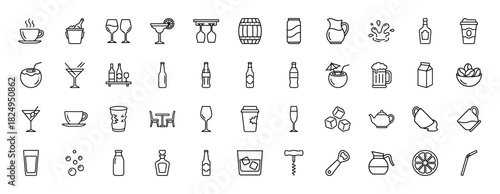 Beverage and bar icon set. Vector pictograms of cocktails, hot drinks, bottled beverages, and bar tools, thin outline illustration.