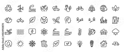 Ecology and sustainability line icon set. Vector pictograms of wind energy, solar panel, electric vehicle, leaf, factory, and recycling, thin linear illustration.
