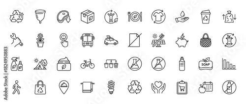 Sustainability and eco-friendly line icon set. Vector pictograms of recycling, solar panels, compost, and electric vehicle, thin linear illustration.