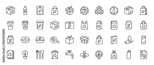 Ecology and recycling line icon set. Vector pictograms of packaging, biodegradable containers, planet, leaf, and trash bin, thin linear illustration.