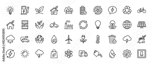 Sustainability and eco-friendly energy line icon set. Vector pictograms of electric car, solar panel, wind turbine, and recycling symbol, thin linear illustration.