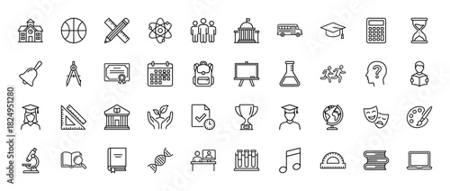 Education line icon set. Vector pictograms of school building, atom, diploma, microscope, and protractor, thin linear illustration.