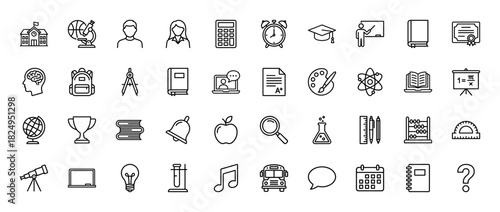 Education line icon set. Vector pictograms of graduation cap, school building, book, globe, and atom, thin linear illustration.