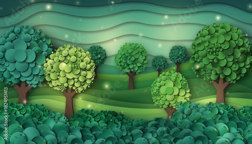 Paper Art Landscape with Trees and Bushes