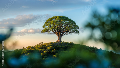 Tree Growing on Hill with Blurred Green Background