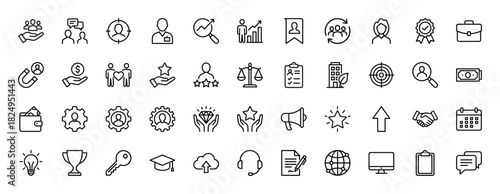 Human resources line icon set. vector pictograms of briefcase, handshake, lightbulb, trophy, and calendar, thin linear illustration.