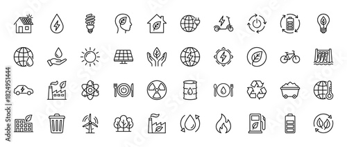 Ecology and renewable energy line icon set. Vector pictograms of solar panels, wind turbine, electric car, and recycling, thin linear illustration.